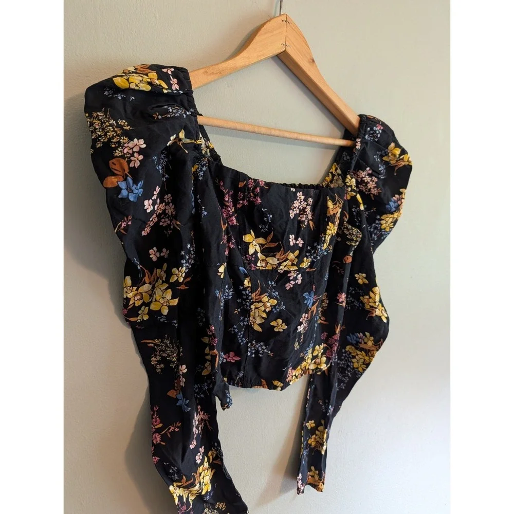 Abercrombie Fitch Black Floral Puff Sleeve Smocked Square Neck Top XS Whimsigoth